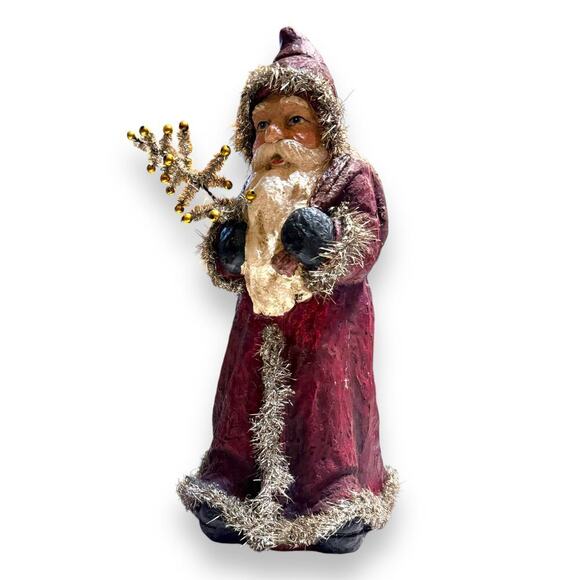 Retro Old World Style Santa Clause Figurine with VTG Tinsel & Tree Mixed Media - Picture 2 of 10